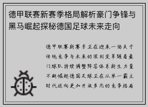 德甲联赛新赛季格局解析豪门争锋与黑马崛起探秘德国足球未来走向